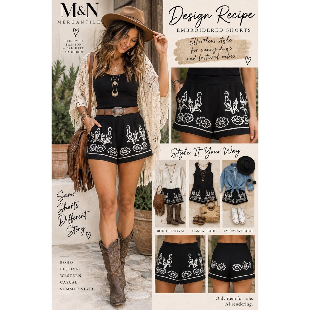 Design Recipe Small Shorts Black White Floral Embroidered Western Boho Festival